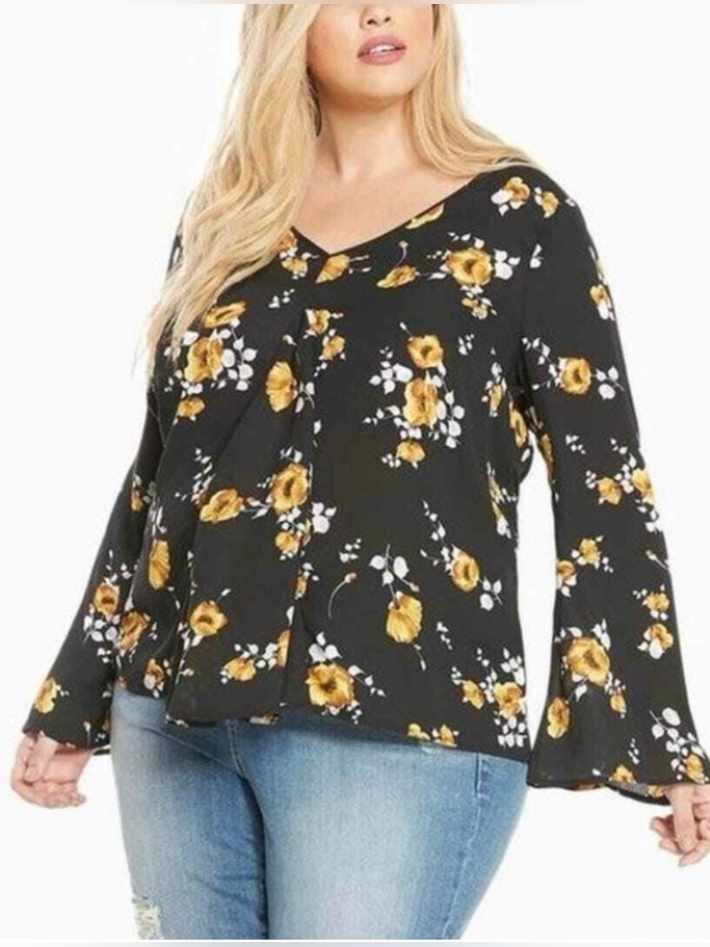 TORRID GEORGETTE Black with Yellow Floral Print Long Sleeve Top DESK TO DINNER 5